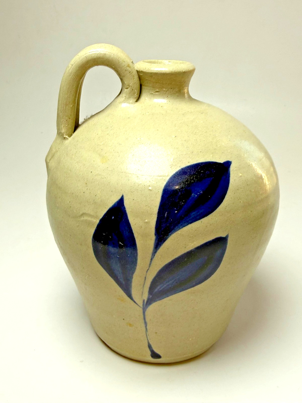 Williamsburg Pottery Salt Glaze Cobalt Blue Leaves Colonial Whiskey Jug Handle